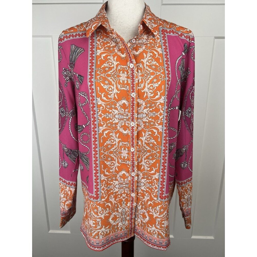 Umgee Small Equestrian Print Button Down Blouse Pink Orange Tassel Chain Top